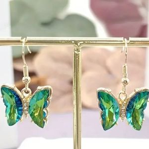 BUTTERFLY DANGLE EARRINGS ONE AND A HALF INCH MYSTIC TOPAZ GREEN SIX CARROTS